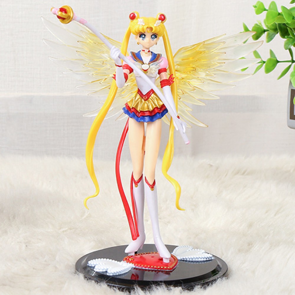 Đồ chơi mô hình nhân vật Sailor Moon Usagi - Thủy Thủ Mặt Trăng Anime có cánh cầm Trượng kèm giá đỡ trang trí bàn học