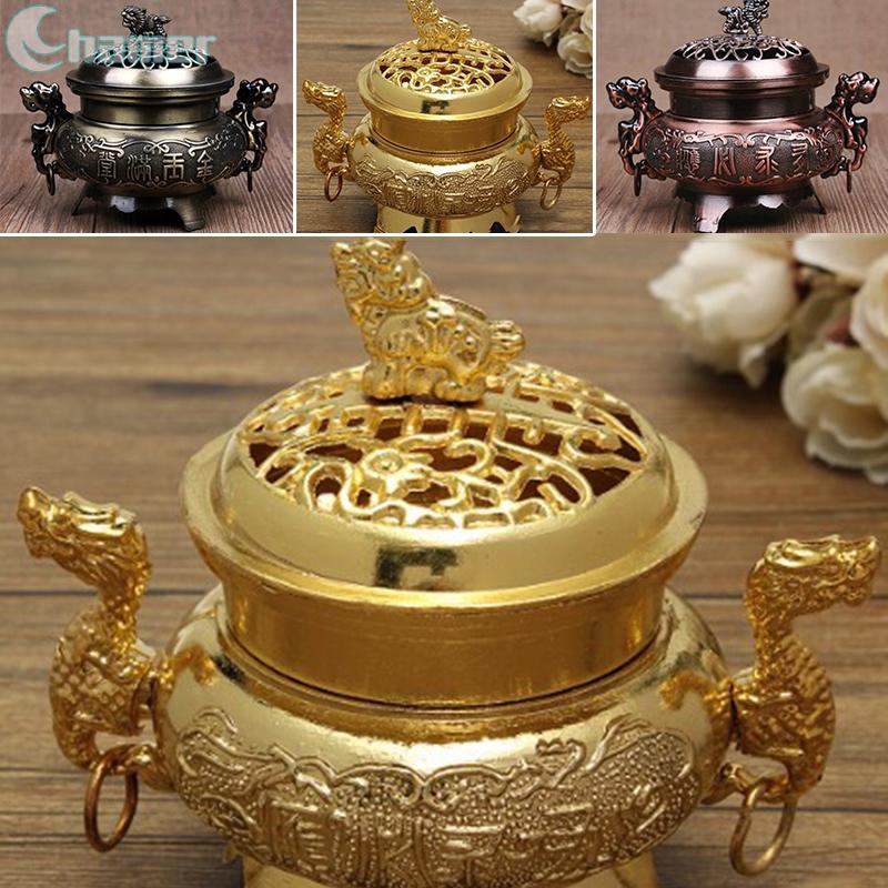 Lư đốt trầm hương hợp kim màu đồng thiết kế khắc kiểu độc đáo trang trí nhà