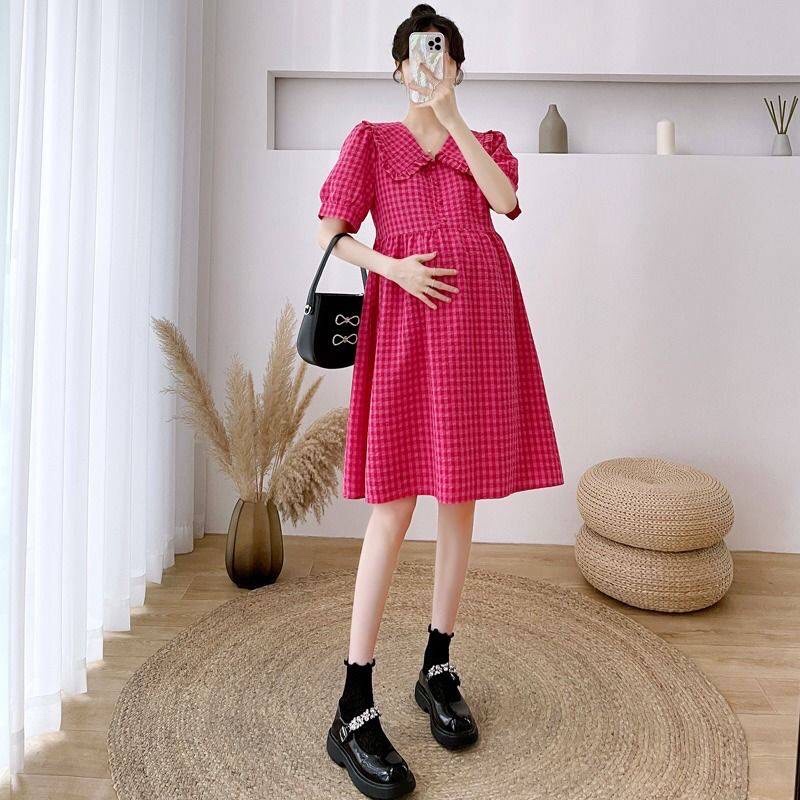 Váy đầm bầu công sở hè thu cổ búp bê kẻ sọc caro thiết kế cao cấp đẹp rẻ