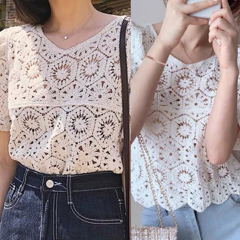 Áo Dệt Kim Tay Phồng Cổ Chữ V Dáng Ôm Thời Trang Cho Nữ