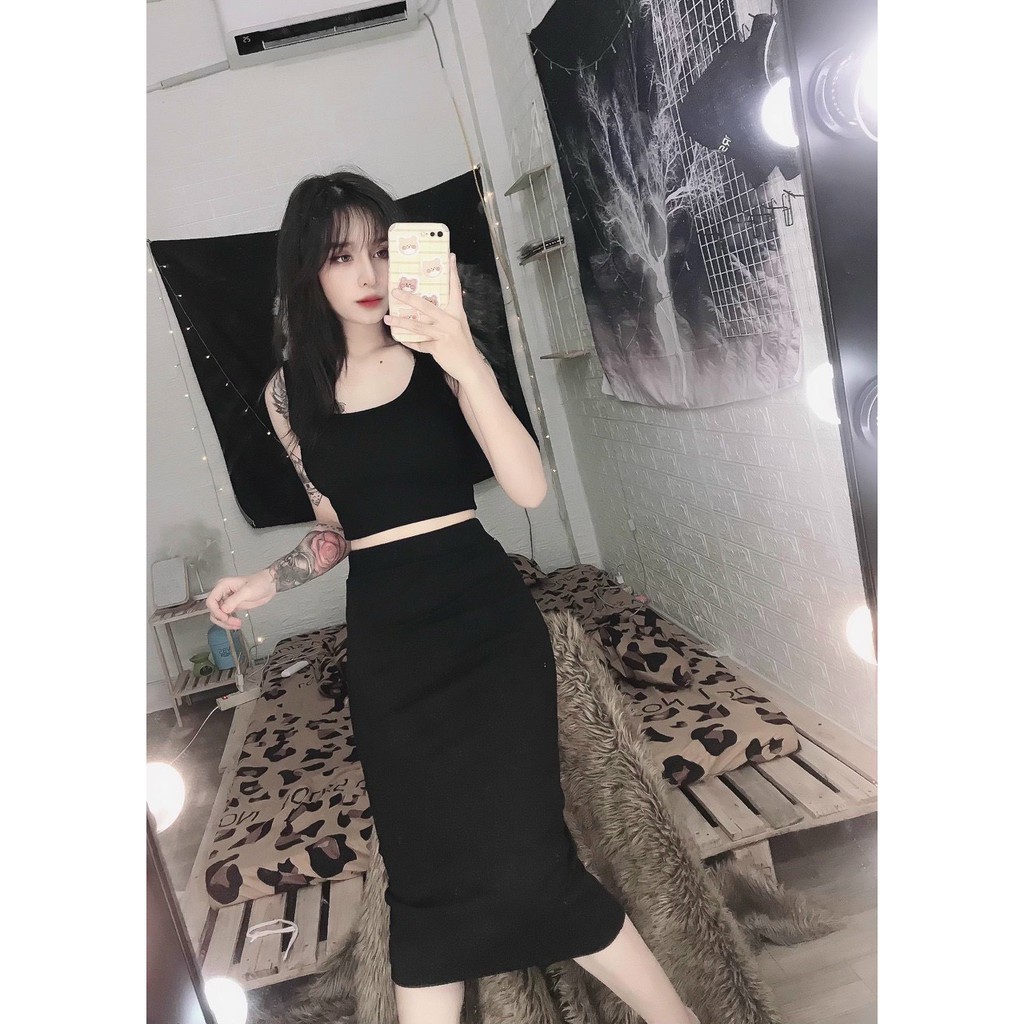 Sét bộ áo hai dây bản phối chân váy dài body trơn cực xinh , chất thun bozip mềm mịn dày dặn ( ảnh thật )