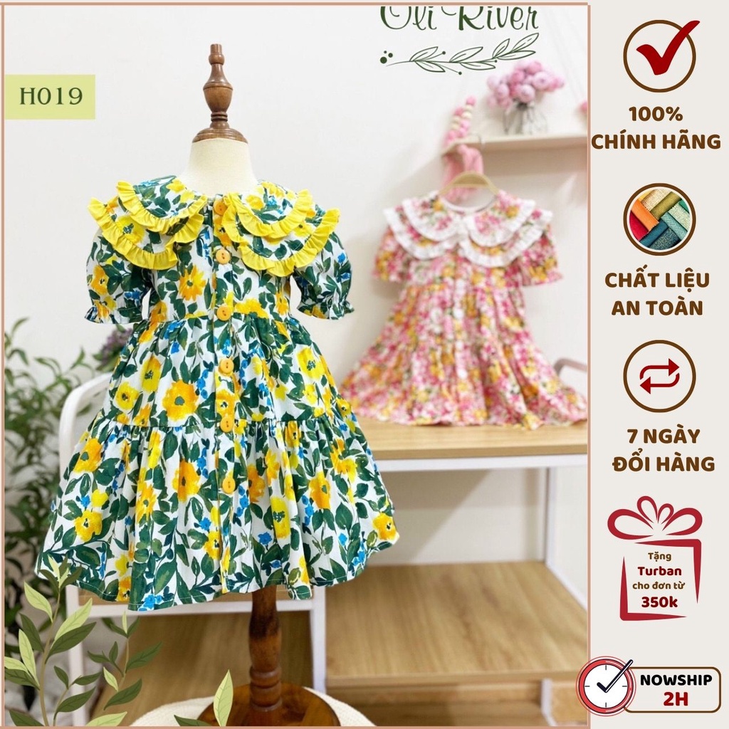 Váy bé gái OLIRIVER dáng xòe cổ bèo dễ thương chất liệu thô dành cho bé gái từ 1-10 tuổi - H019