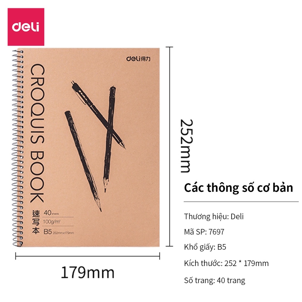 Sổ tay vẽ chì phác thảo sketchbook Deli 40 trang 100gsm khổ ngang A4/B5 gáy lò xo dùng cho mỹ thuật phác họa