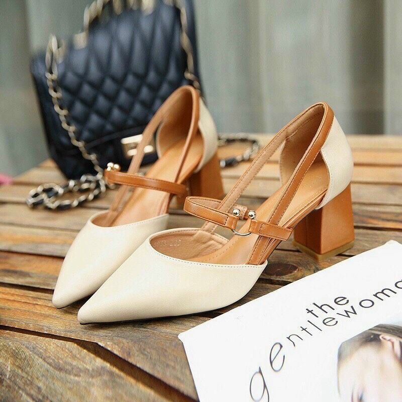 Giày cao gót bít mũi,giày búp bê khóa kiểu phối màu,gót 5 phân,đủ size từ 35 đến 40