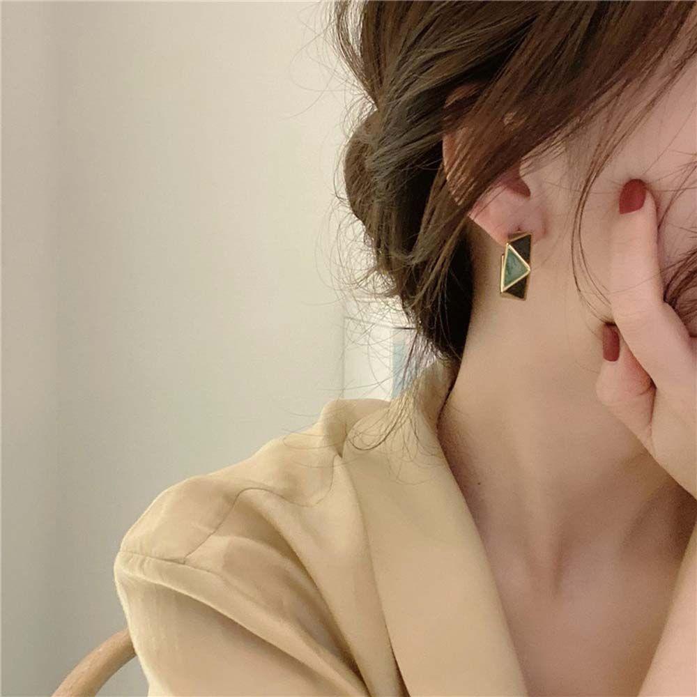 VANES1 Bông Tai Mạ Bạc 925 Hình Học Màu Xanh Lá Phong Cách Hàn Quốc Thời Trang Cho Nữ