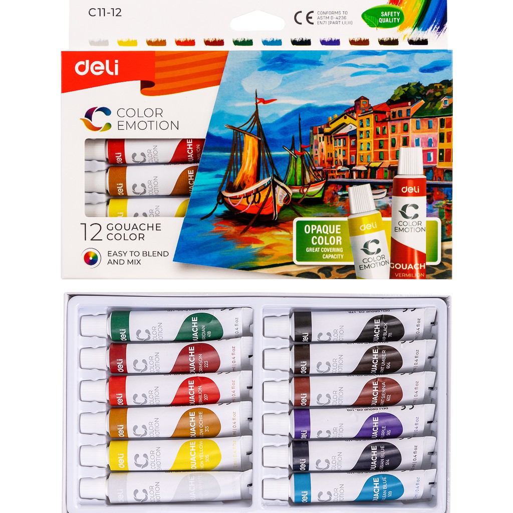 Màu bột Gouache dạng tuýp 12ml Deli - 5/12/24 màu - 1 hộp - EC11