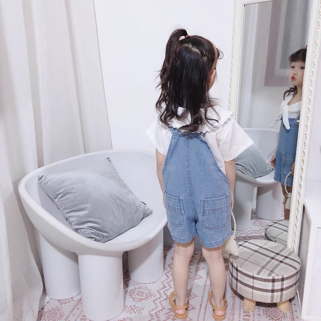 Set yếm jean đùi + sơ mi ngắn tay cổ sen thắt nơ cho bé gái từ 9-17kg [GS6]