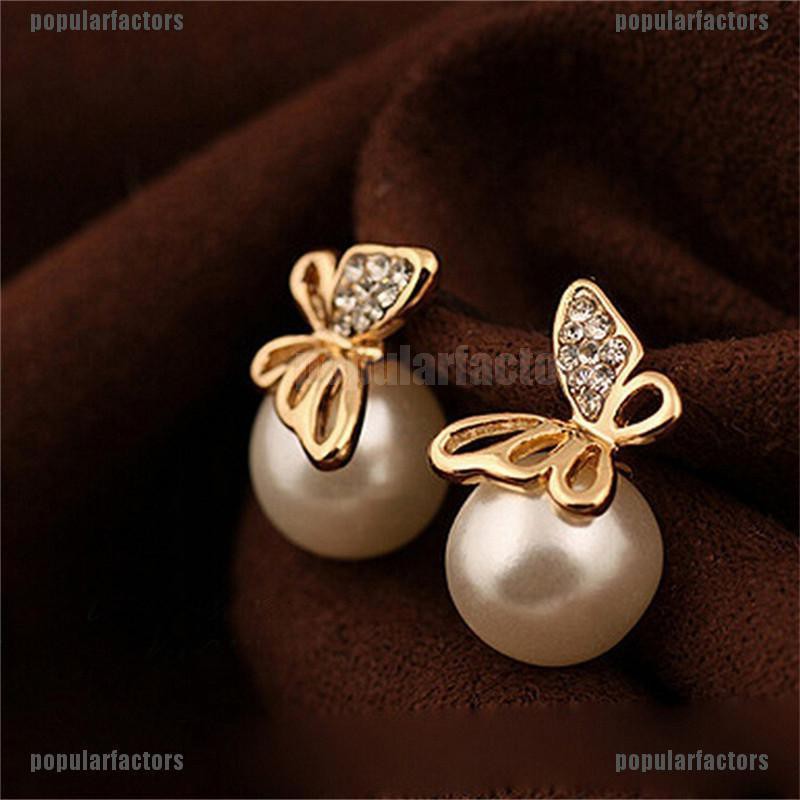Khuyên tai ngọc trai giả màu vàng hình bướm đính đá pha lê giả thời trang cho nữ