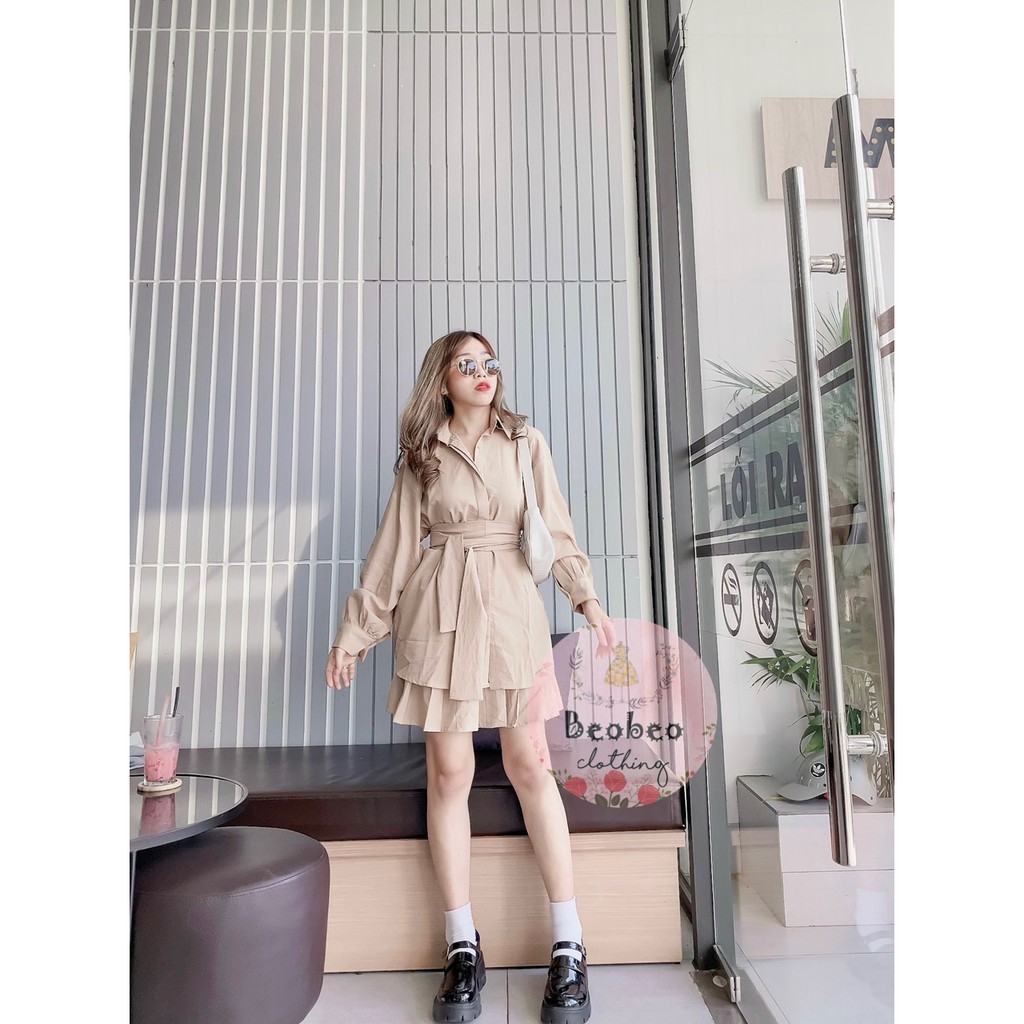 Set áo sơ mi tay phồng thắt nơ kèm chân váy xếp ly ulzzang