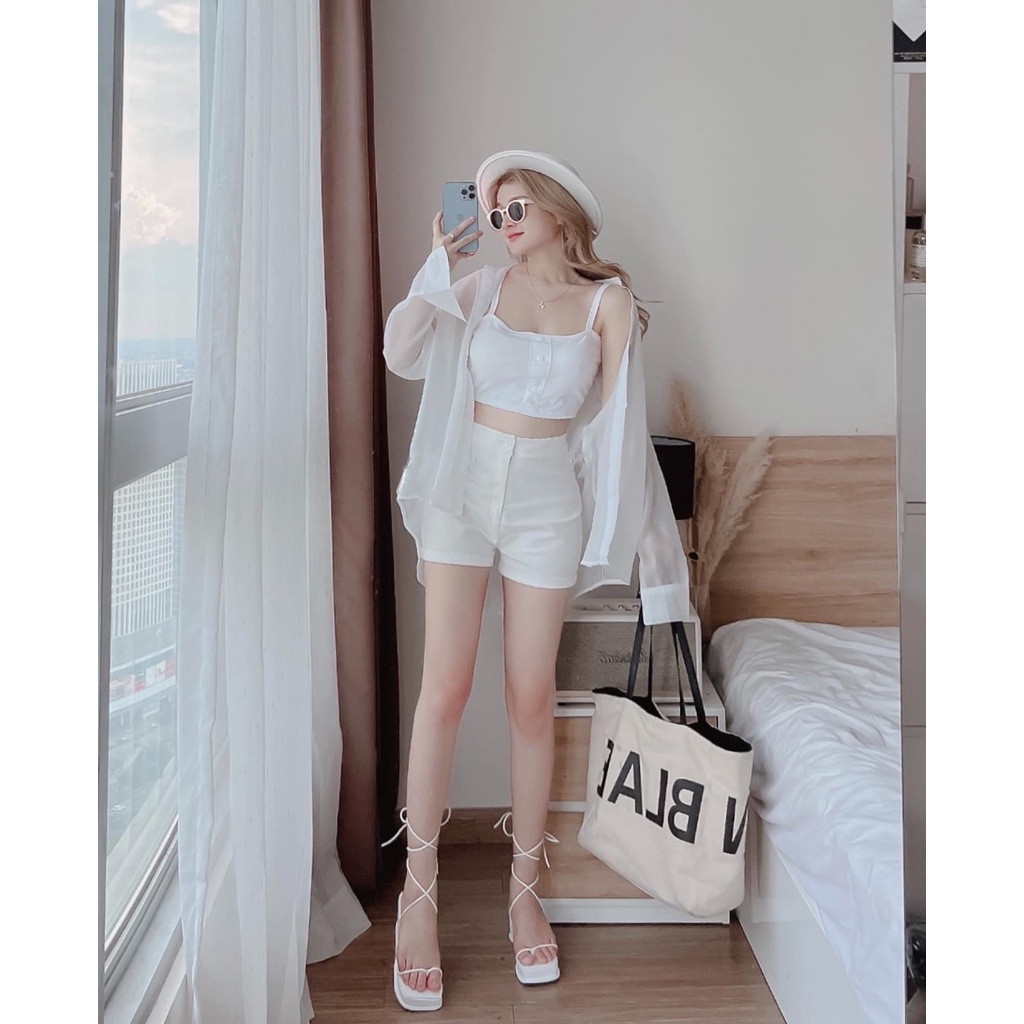 Set 3 món áo sơ mi, quần sort, áo 2 dây có mút ngực phong cách đường phố