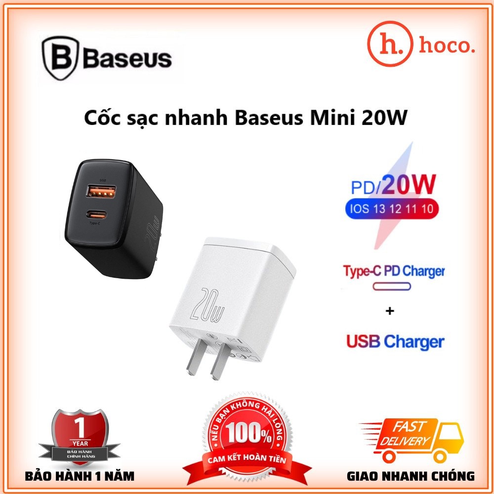 Cốc Sạc Nhanh Baseus 20w 💎Cao Cấp💎 Củ Sạc Nhanh 2 Cổng USB/Type C- Cục Sạc Hỗ Trợ QC 3.0, USB PD Cho Ipad/Iphone/Android