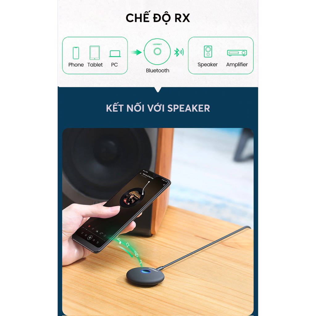 Bộ thu phát Bluetooth 5.0 hỗ trợ aptX, cổng kết nối audio 3.5mm UGREEN CM108 40762