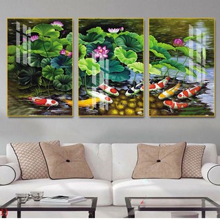 Bộ 3 Tranh Pha lê Tráng gương - Trang trí Nội thất sang trọng  CỬU NGƯ QUẦN HỘI TAHD3130