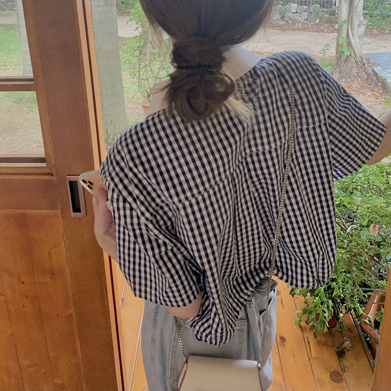 Áo Sơ Mi Tay Ngắn Họa Tiết Sọc Caro Xinh Xắn Thời Trang Mùa Hè Cho Nữ