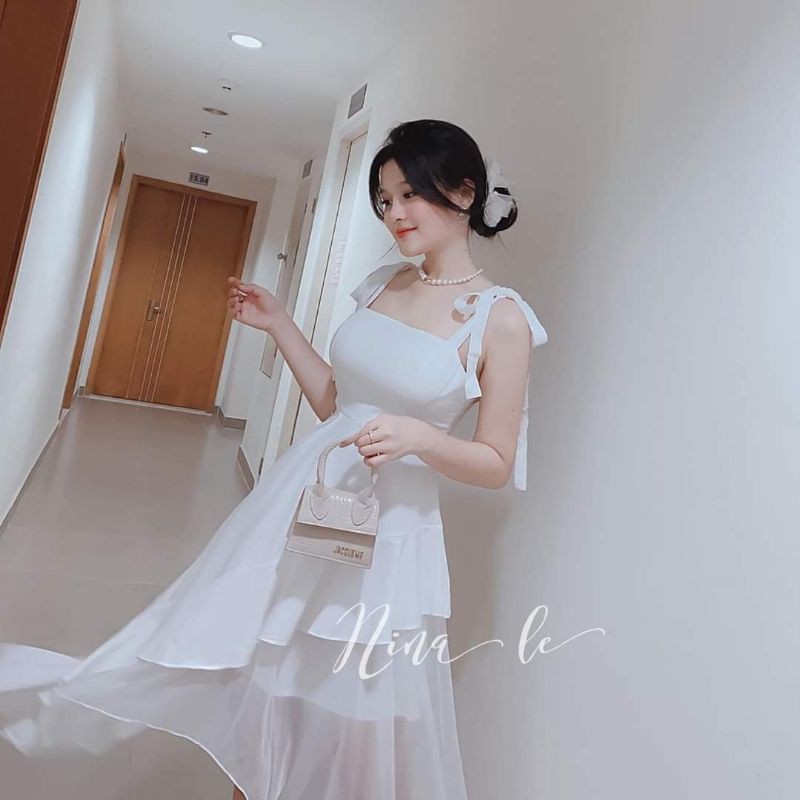 Váy trắng dự tiệc 2s thắt nơ vạt chéo phối voan sheer sang chảnh nina lê