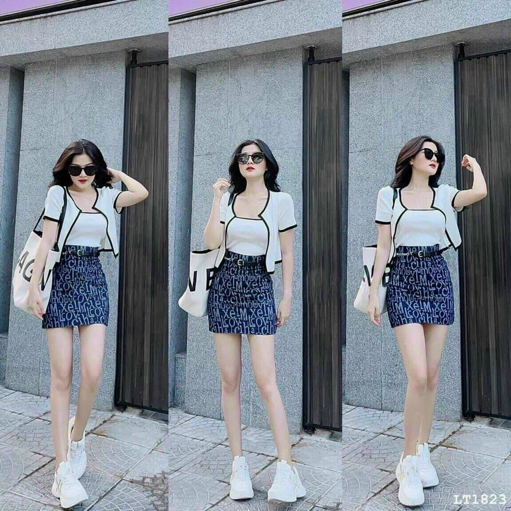 Sét 3 món nữ áo khoác, áo hai dây phối chân váy in hoạ tiết