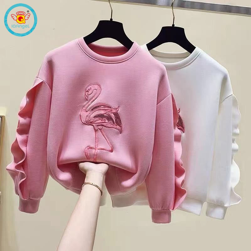 Áo sweater IQ ANGEL dáng rộng thêu họa tiết xinh xắn phong cách thời trang thu đông cho bé gái