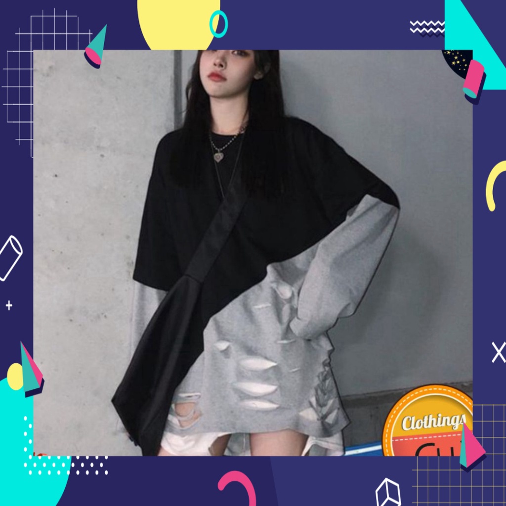🔥HOT🔥Áo nỉ rách phối kiểu ulzzang❤️Áo nỉ nam nữ dáng rộng DT1104