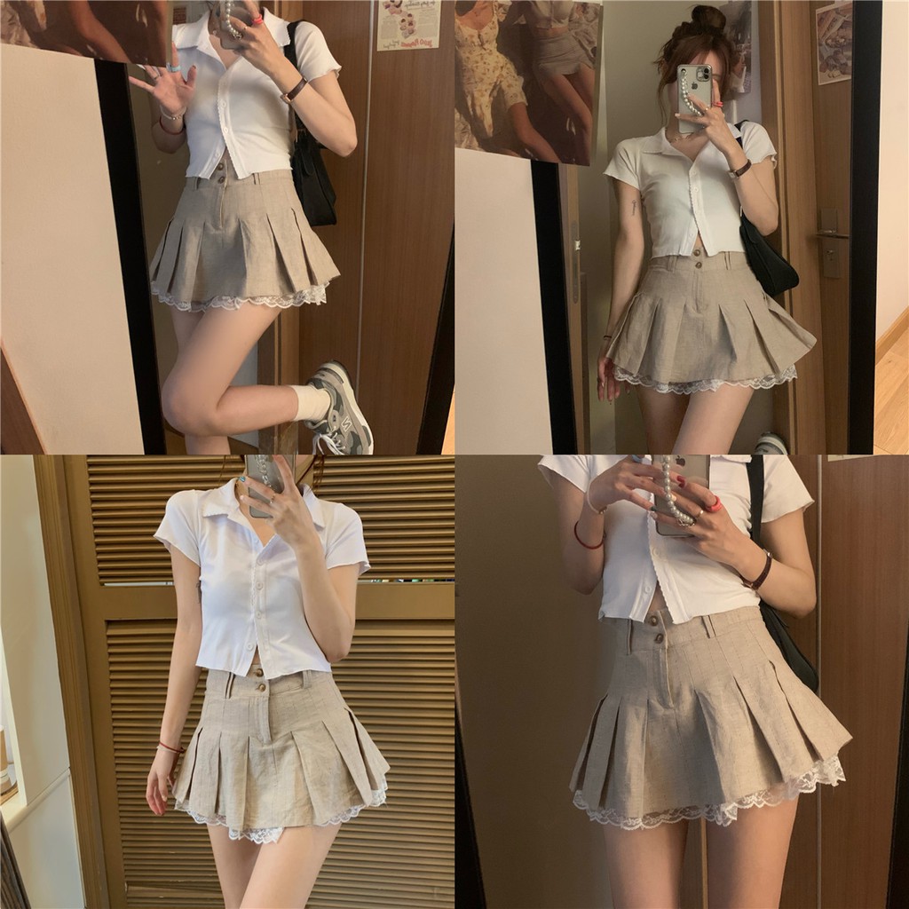Set Áo Sơ Mi Lửng Ngắn Tay + Chân Váy Chữ A Xếp Ly Thời Trang Nữ | BigBuy360 - bigbuy360.vn