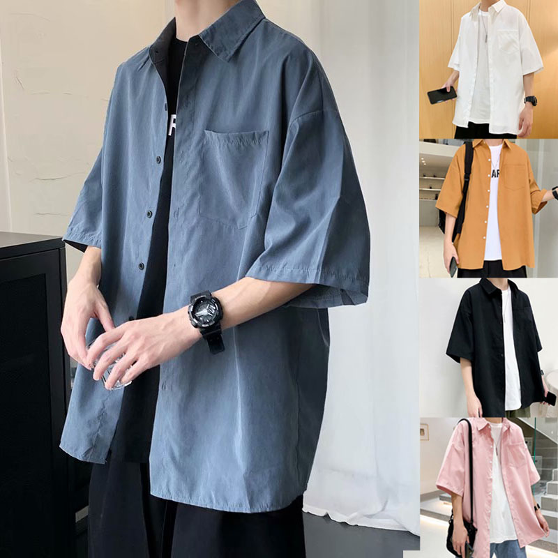 Áo Sơ Mi Trơn Tay Ngắn Dáng Rộng Thời Trang Dành Cho Nam Giới