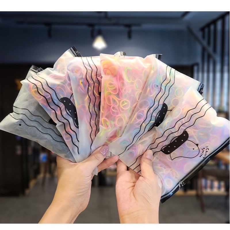 Túi zip 500 dây thun cột tóc/chun buộc tóc cao su nhiều màu cho bé gái có dây kéo tiện lợi dùng cả năm