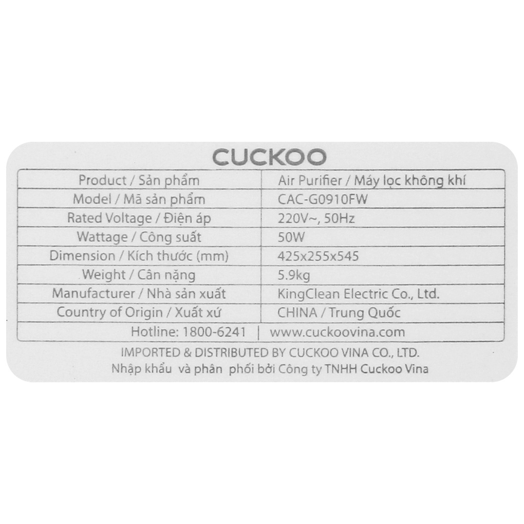 [Mã ELHA22 giảm 6% đơn 300K] Máy lọc không khí Cuckoo CAC-G0910FN