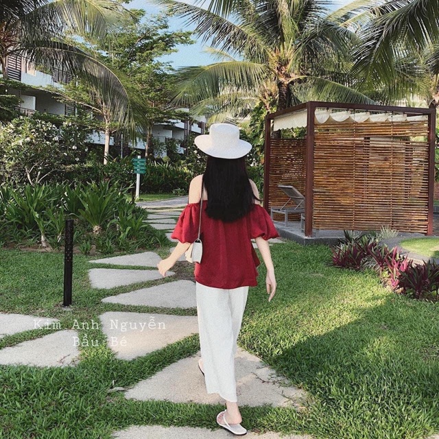 🌿 SET ÁO TRỄ VAI ĐỎ QUẦN TRẮNG🌿
