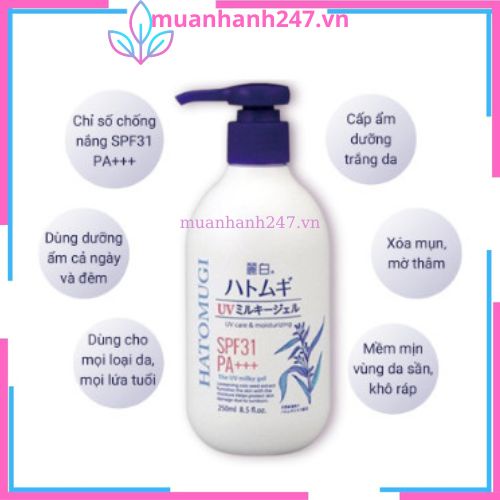 Sữa dưỡng thể chống nắng  Hatomugi Nhật Bản, Dưỡng Trắng Mịn Da Chống Nắng 250ml
