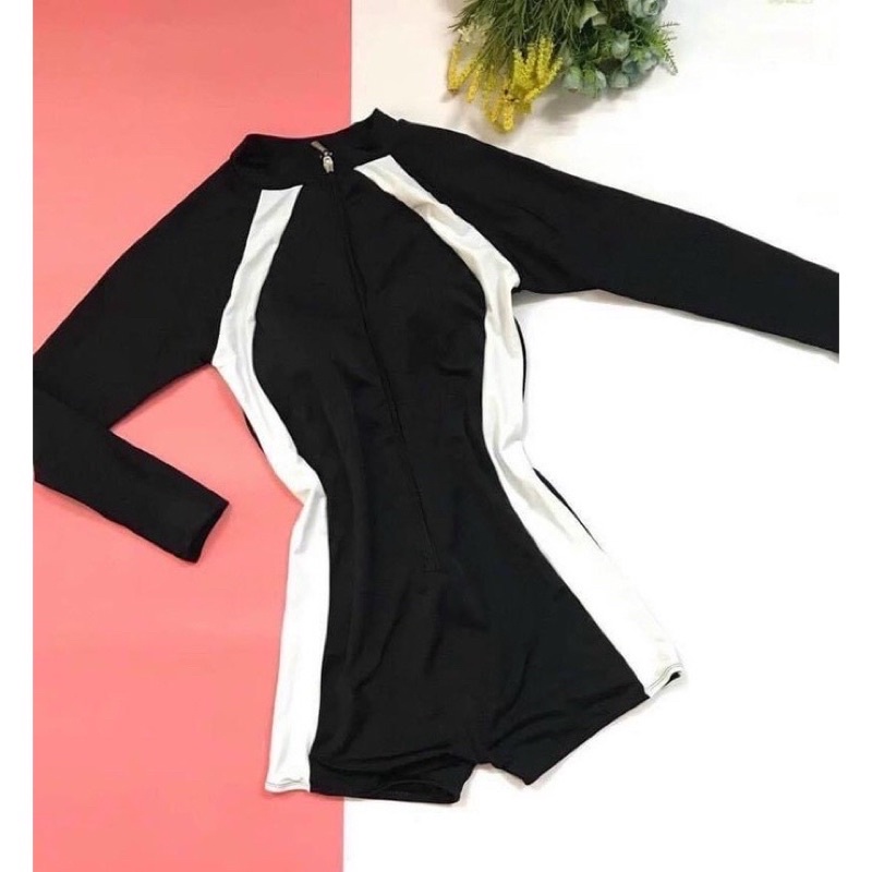 Bikini đồ bơi nữ đi biển 1 mảnh dây kéo phối thân trắng form short có size BIKINI SUNSHINE MS-27