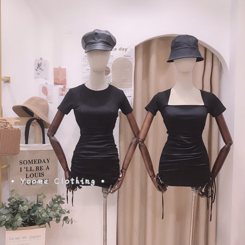 Váy body cổ vuông dây rút sườn tay cộc chất cottonzip co giãn cho nữ Yoomeclothing [ ẢNH THẬT SHOP CHỤP] | BigBuy360 - bigbuy360.vn
