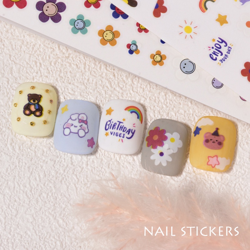 Sticker dán móng, stick nail hoạt hình gấu, sticker hoa nail