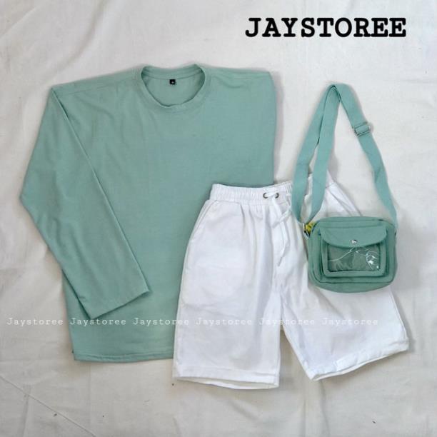 Set Áo thun trơn tay dài Xanh Mint và Quần short kaki trắng ❤️/Nam nữ unisex/FREESHIP 99K❤️ ་