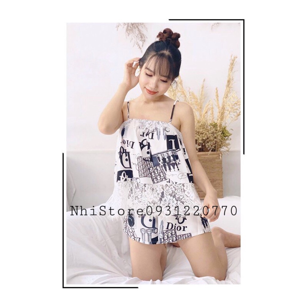 ( Freeship 50k ) Bộ Mặc Nhà Nhistore Bộ Ngủ Áo 2 Dây Phối Ren Lụa Mango Họa Tiết Siêu Dễ Thương Freesize Dưới 57kg