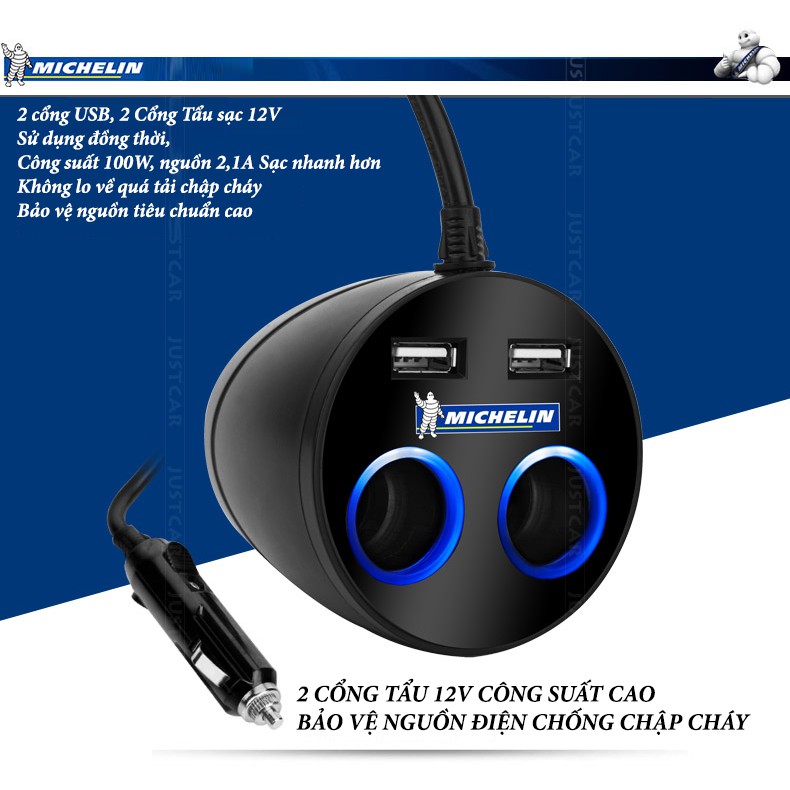 Thiết bị chia tẩusạc ô tô MICHELIN 9001ML 1 ra 2 cổng công suất 100W Kèm 2 cổng USB 2.1A