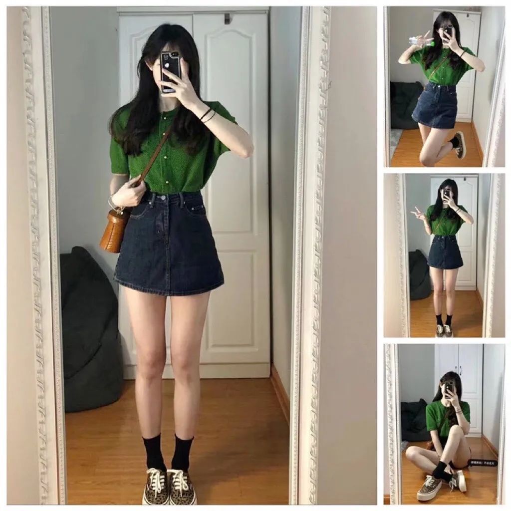 Bộ Áo Dệt Kim Ngắn Tay + Chân váy jean Lưng Cao Thời Trang Dành Cho Nữ 2530