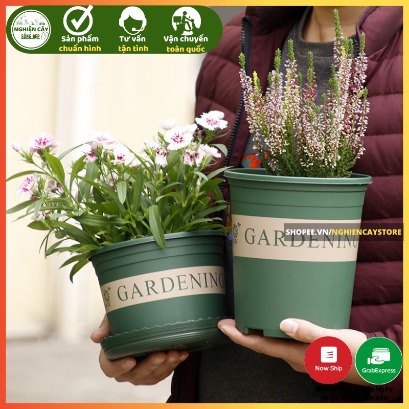 Chậu nhựa Gardening kèm đĩa lót trồng hoa, cây cảnh cỡ nhỏ đến trung bình