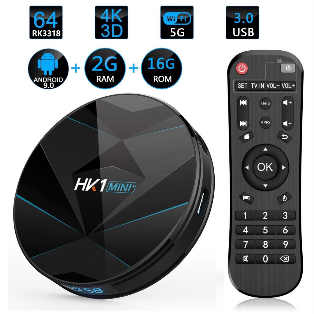 Hộp TV Android 9.0 RK3318 2G+16G HK1 Mini+ hình tròn + phụ kiện