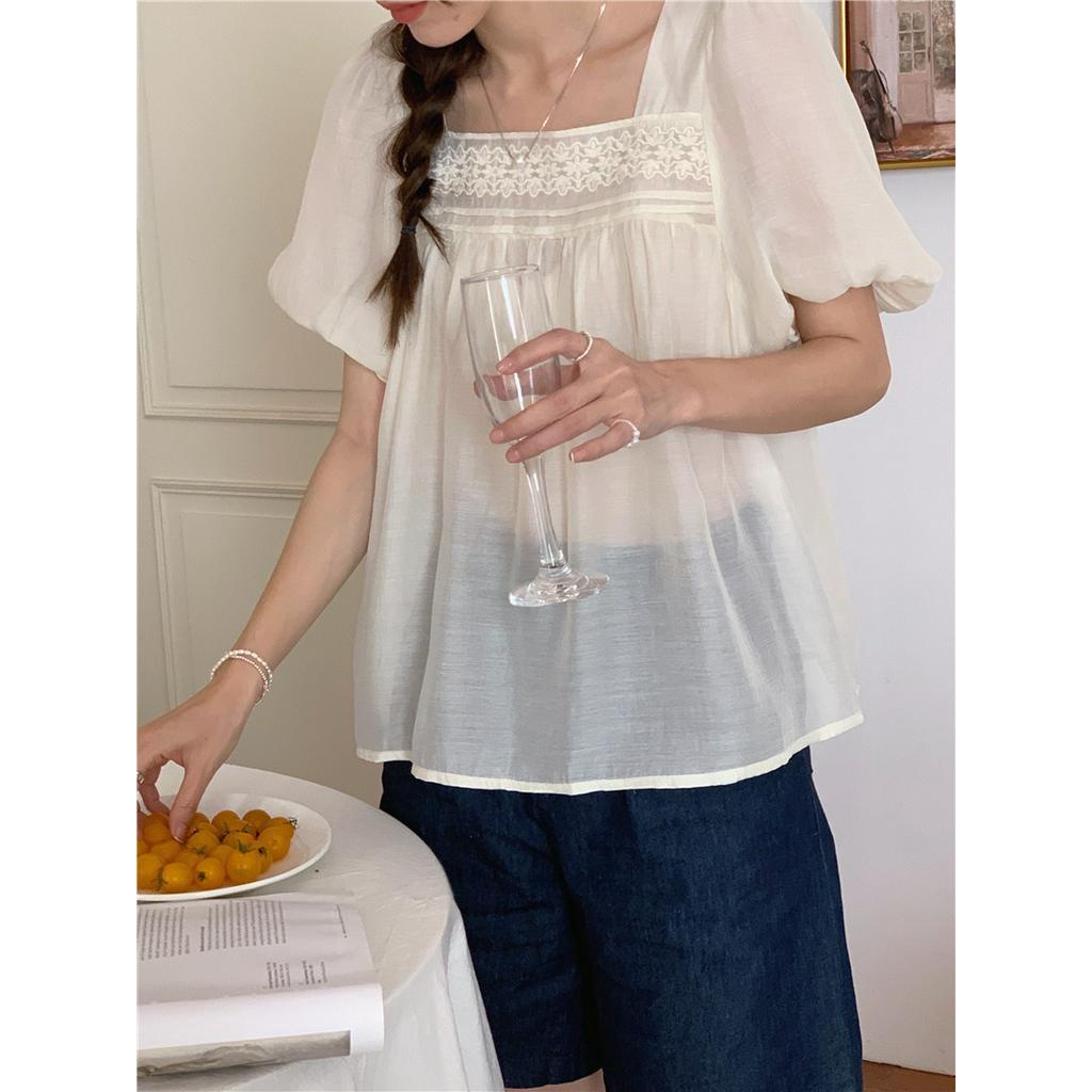 Áo Kiểu Tay Phồng Cổ Vuông Thêu Họa Tiết Phong Cách Pháp 52982