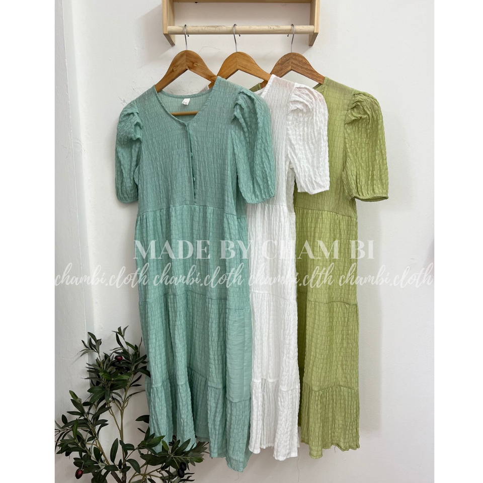 Váy kiểu tiểu thư V.118, Váy babydoll xòe tầng xốp nhăn cúc ngực tay bồng ngọt ngào - Thời trang nữ Chấm Bi