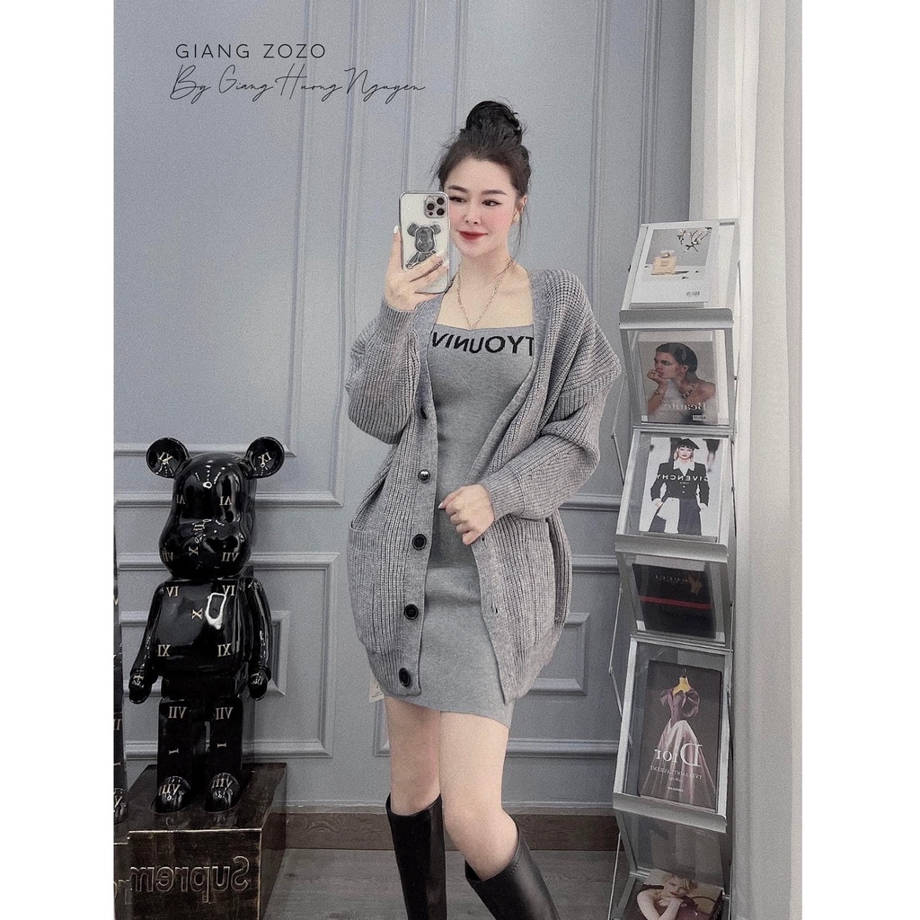 Set váy áo khoác len mongtoghi váy 2 dây body dáng dài nữ