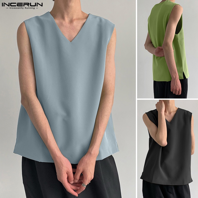 Áo sơ mi nam INCERUN không tay cổ chữ V màu trơn thời trang có 3 màu phong cách Hàn Quốc