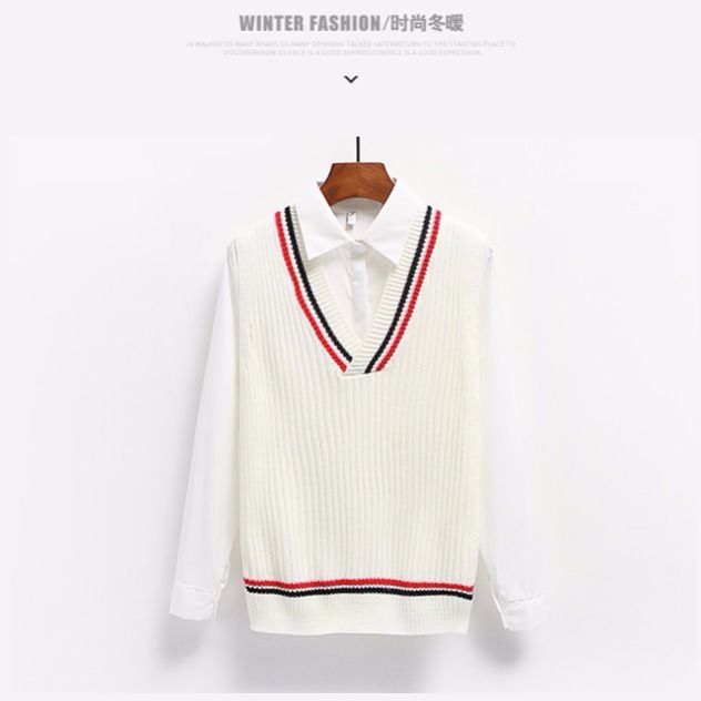 Áo len không tay cổ V phối sọc dáng rộng thời trang Hàn Quốc cho nữ sinh | BigBuy360 - bigbuy360.vn