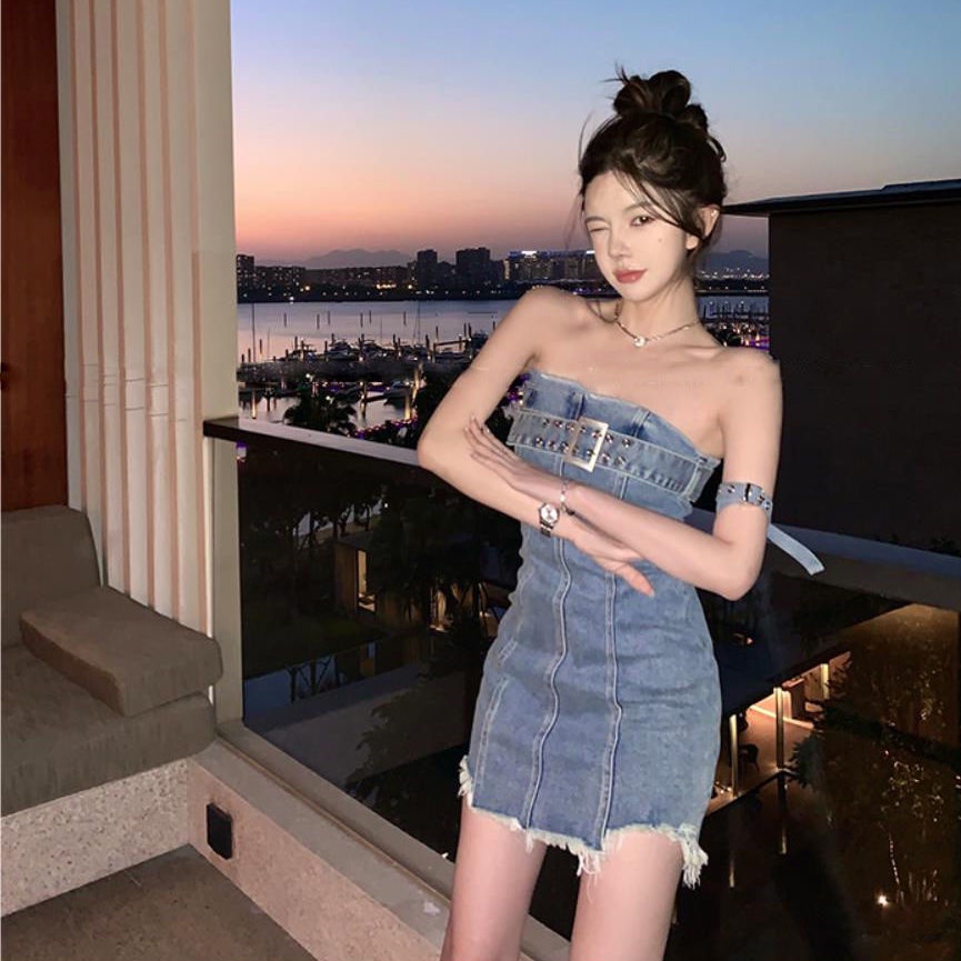 Pure Desire Hot Đầm Denim Ngắn Ôm Dáng Phong Cách Mới 2022 Quyến Rũ Mùa Hè Cho Nữ