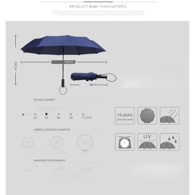 Ô Dù Đi Mưa Mở Nút Tự Động Thiết Kế 10 Nan Kép Bằng Thép 304 Chống Gỉ Chắc Chắn Và Bền Đẹp
