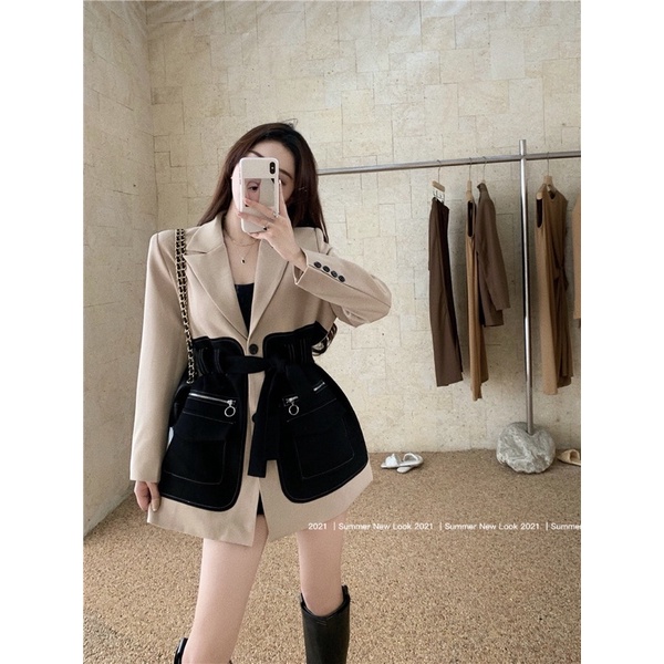 Đầm vest mix 2 màu,có dây thắt eo tôn dáng