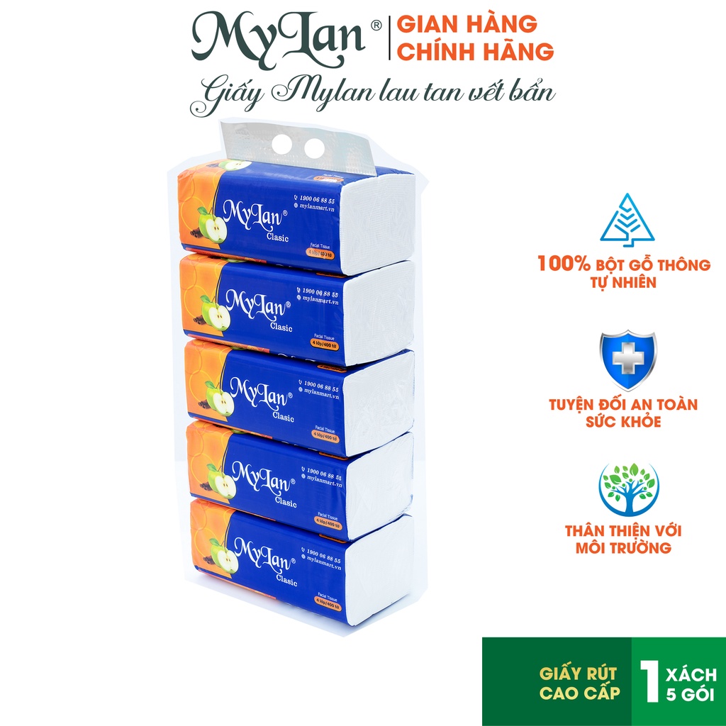 Giấy Rút Táo 4 Lớp Mylan ( 400 Tờ/Gói, 5 Gói/ Xách ) siêu dai, mềm mịn, không tan trong nước