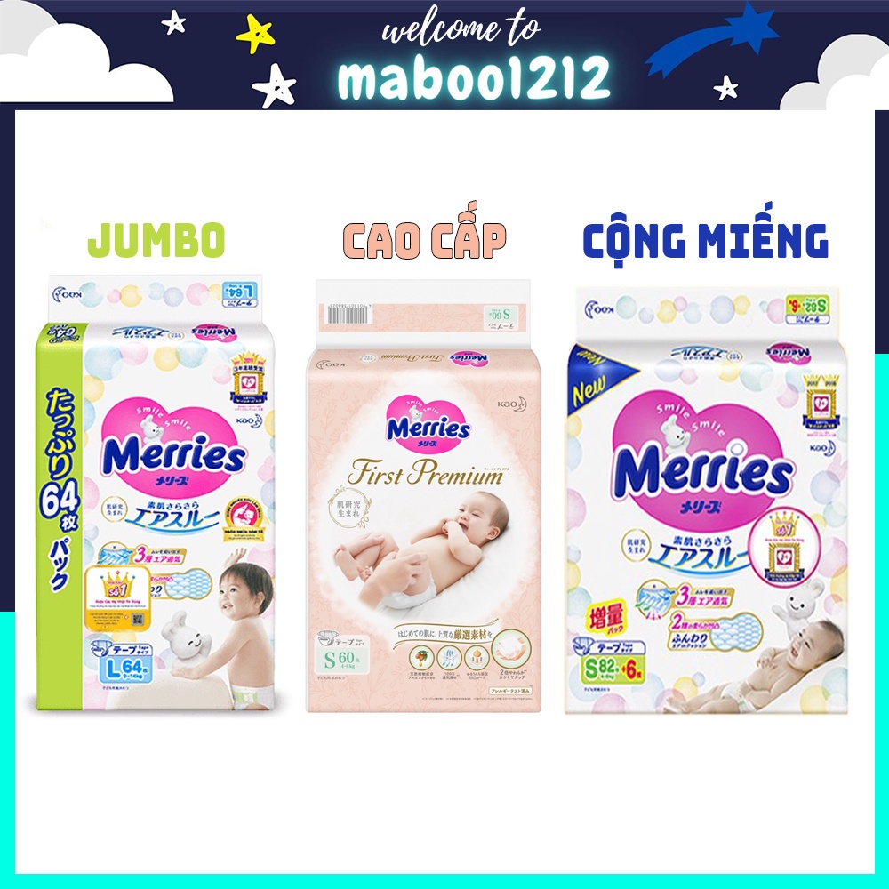 Bỉm Merries Cộng miếng, Jumbo, Cao cấp First premium dán/quần Nội Địa Nhật size NB96/S88/M68/M64/L50/XL44/XXL28