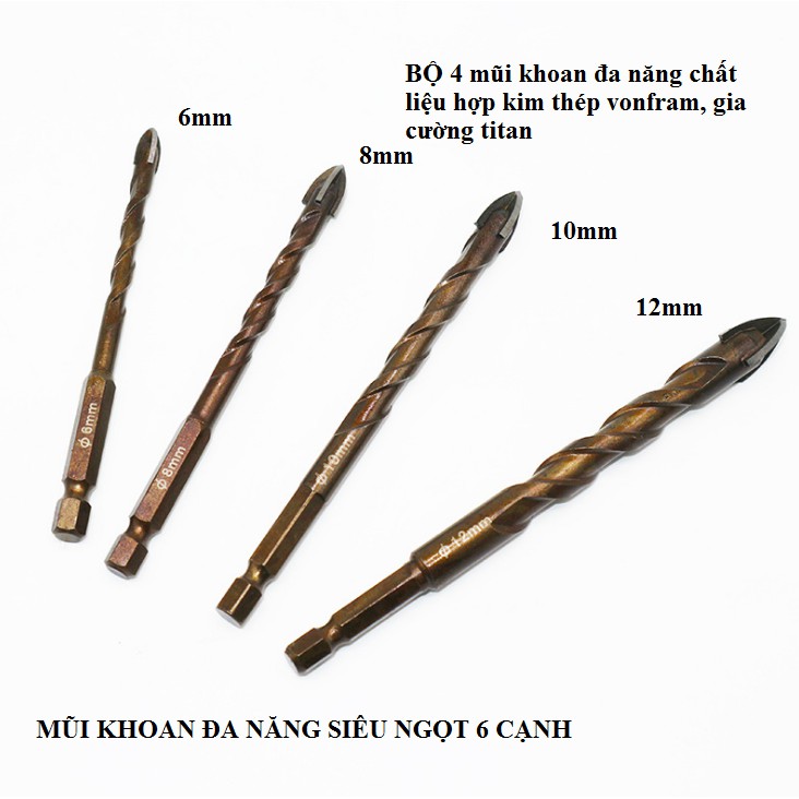 Mũi khoan đa năng các loại 4-6-8-10-12mm khoan Kính, gạch men, đá các loại, bê tông, tường nhà, nhựa, gỗ...