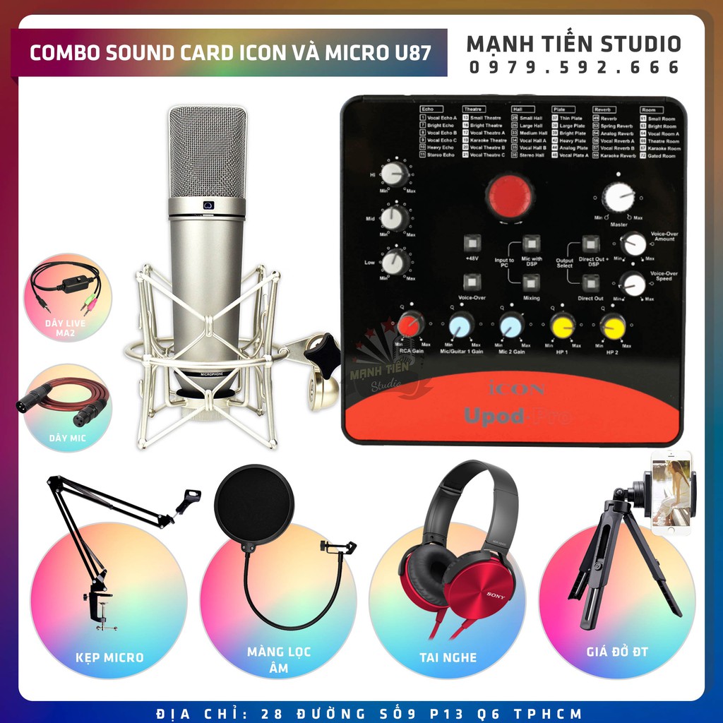 Combo thu âm livestream karaoke đỉnh cao Sound Card ICON UPOD Và Micro U87- MA87 tặng đầy đủ phụ kiện tai nghe giá đỡ