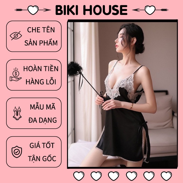 Váy ngủ nữ phi lụa 2 dây phối ren sexy đầm ngủ xẻ tà màu đen dễ thương BIKI HOUSE N104 - HCM - Ship Hỏa Tốc